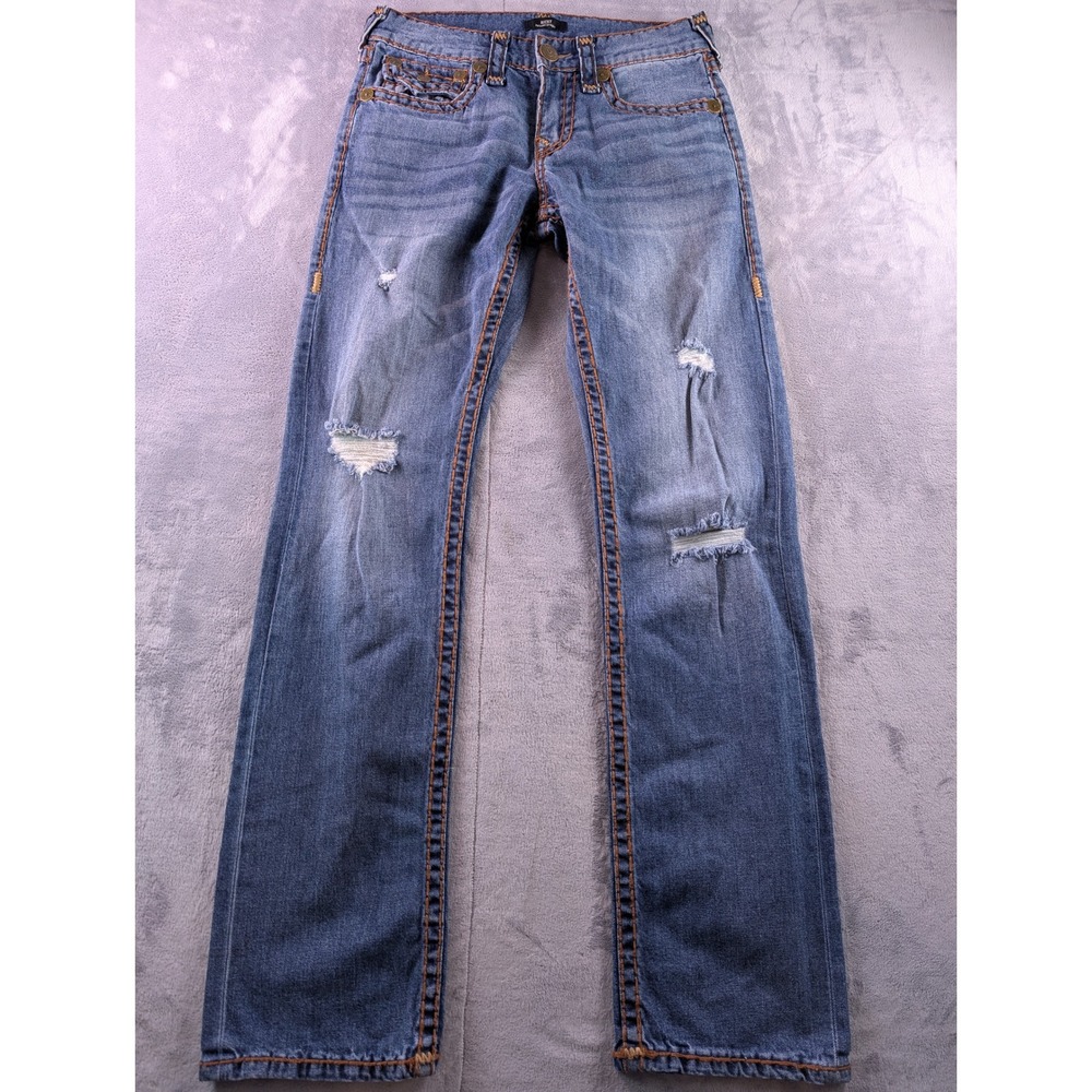 True Religion Ricky Super T Flap Relaxed Straight Distressed Jeans Blue 30x33